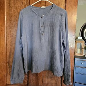 a.n.a | Women’s L | Blue Pullover Blouse | Gauzy Cotton Long-Sleeve Casual Top